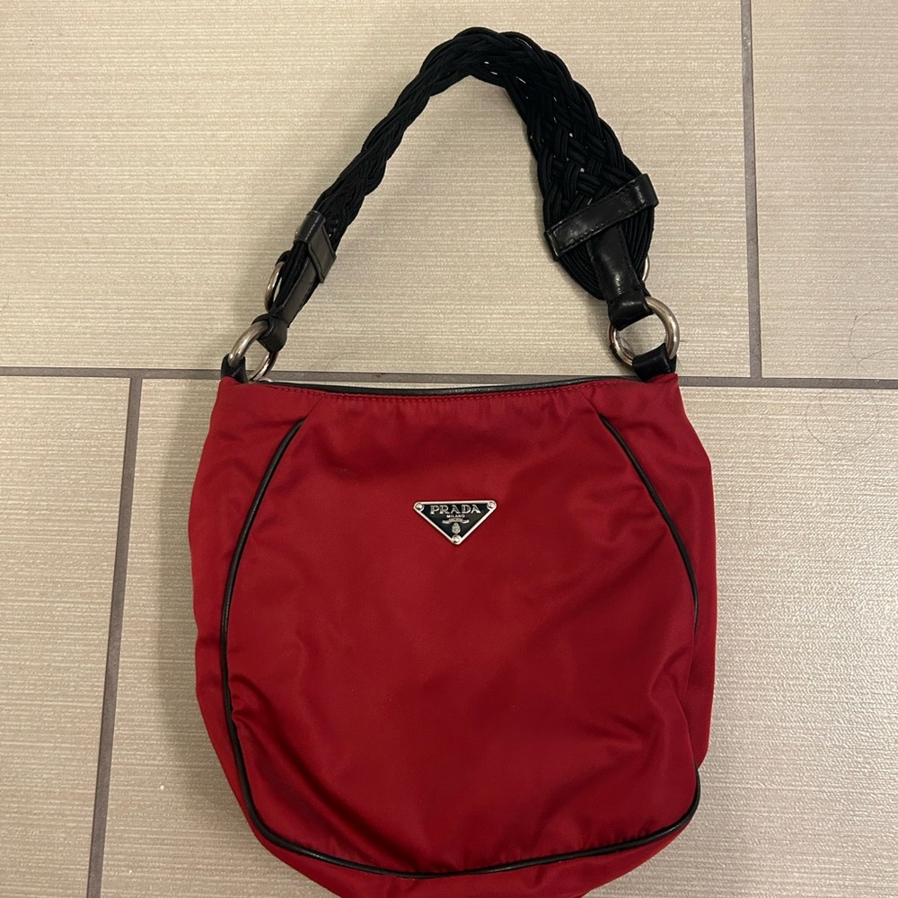 Prada Crimson Red Shoulder Bag with Braided Handle